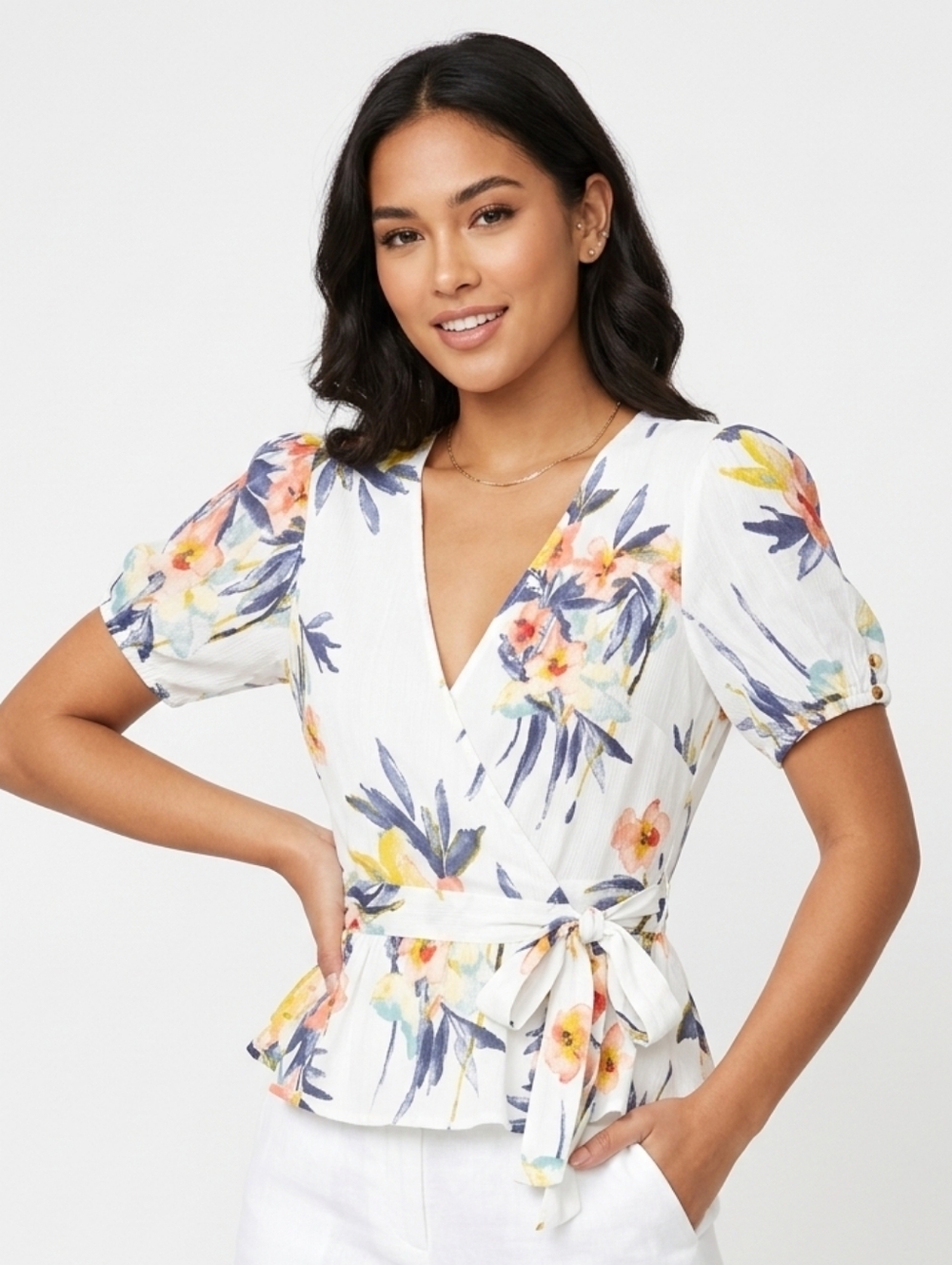 One Clothing White Floral Wrap Blouse with Puff Sleeves